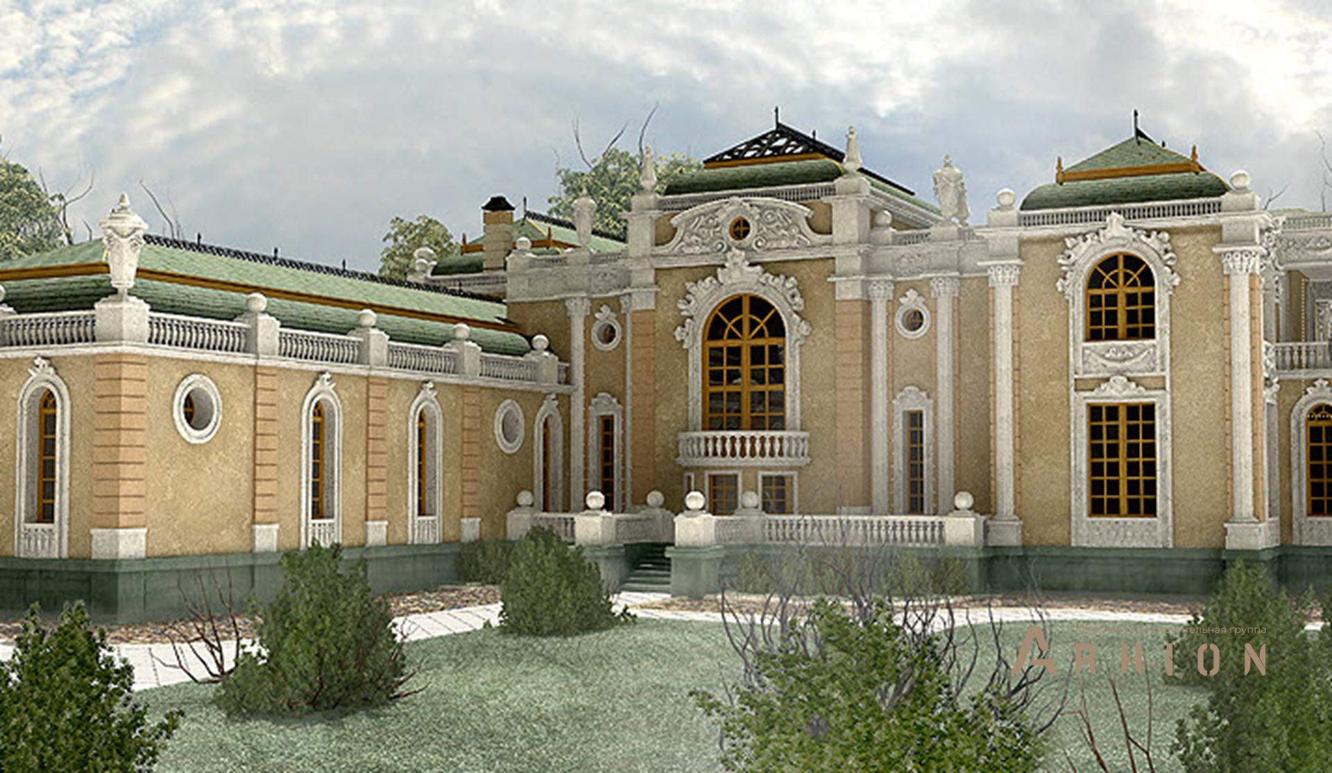 5. Проект двухэтажного дома в дворцовом стиле с многоскатной кровлей, SOV-1, площадью - 1082 кв c цокольным этажом, сауной, балконом, бассейном, вторым светом